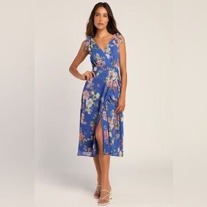 Lulus XS Sensational Season Blue Floral Print‎ Tie-Strap Wrap Midi Dress